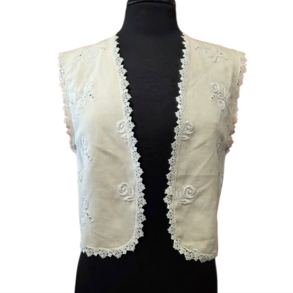 Vintage 70s Vest Cottagecore Western M? Cream Embroidered Lace Trim Top